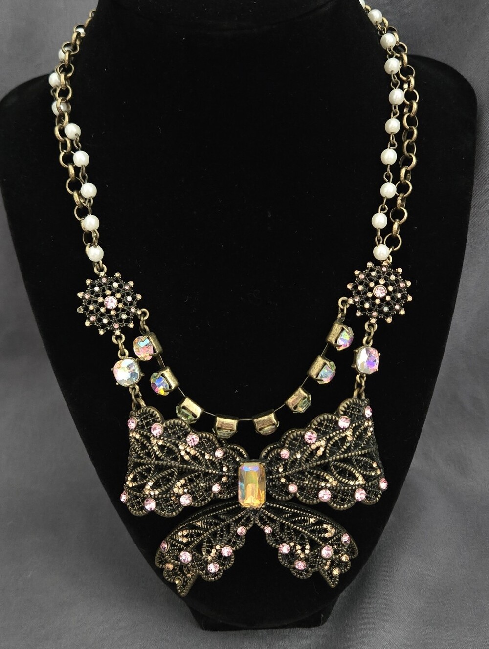 Betsey Johnson Bow Statement Necklace Pink Rhinestone Pearl Antique Gold